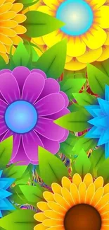 Vibrant and colorful floral wallpaper with green leaves and multi-colored flowers.