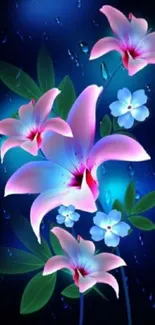 Vibrant pink lilies on a deep blue background with glowing foliage.