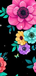 Vibrant floral wallpaper with colorful flowers and leaves on a black background.