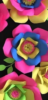 Colorful 3D floral wallpaper with vibrant flowers on black background.