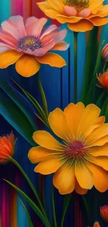 Vibrant orange and pink flowers on a colorful background.