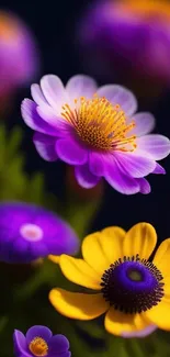 Vibrant purple and yellow flowers with a dark background.