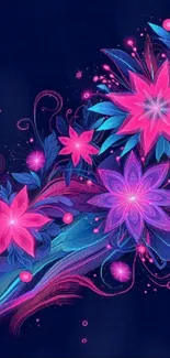 Abstract neon floral design with vibrant pink and blue flowers on a dark background.