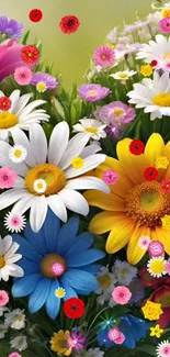 Colorful floral wallpaper with daisies and blossoms, vibrant and cheerful.