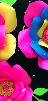 Vibrant paper flowers on black background wallpaper.