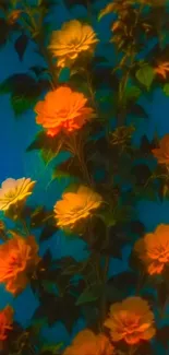 Vibrant orange and yellow flowers on blue background wallpaper.