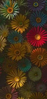 Colorful floral wallpaper with vibrant blooms in diverse shades.