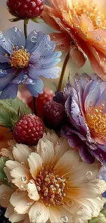 Colorful flowers with dewdrops on petals in a vibrant phone wallpaper.