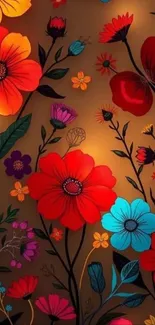 Vibrant floral mobile wallpaper with colorful flowers on a brown background.