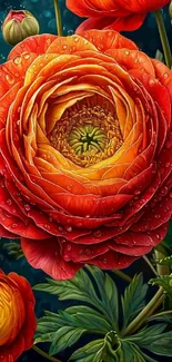 Close-up of a vibrant red and orange flower with detailed petals and droplets.