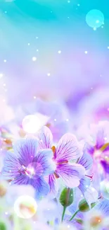 Vibrant floral wallpaper with purple flowers under a bright sky.