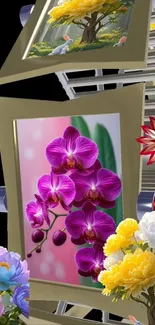 Colorful floral wallpaper featuring orchids and peonies.