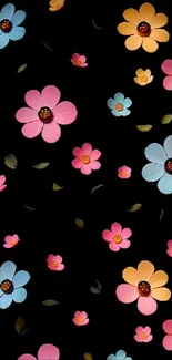 Colorful floral pattern on black background wallpaper.