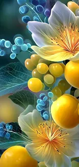 Vibrant wallpaper with yellow flowers and green leaves.