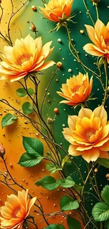 Vibrant orange roses with green leaves on a colorful background.