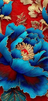 Blue floral design on red background mobile wallpaper.