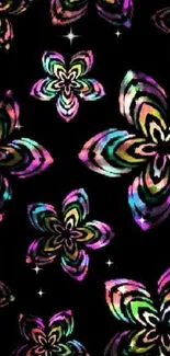 Abstract colorful floral wallpaper on black.