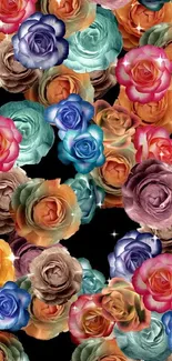 Colorful roses on black background wallpaper, perfect for mobile screens.