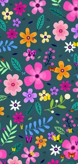 Vibrant floral wallpaper with colorful flowers and leaves on a teal background.