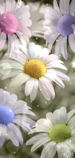 Pastel daisies wallpaper with green backdrop.