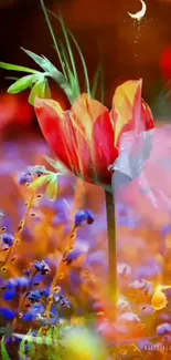 Vibrant tulip amidst wildflowers under a crescent moon.