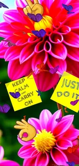 Vibrant floral wallpaper with motivational quotes and butterflies.