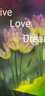 Colorful floral wallpaper with motivational words: Live, Love, Dream.