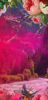 Colorful floral mountain landscape with pink and green.