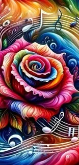 Colorful floral rose with music notes wallpaper design.