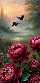 Pink peonies and colorful birds in a serene nature scene at sunset.