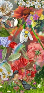 Colorful floral wallpaper featuring birds, bees, and butterflies.