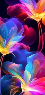 Vibrant neon floral wallpaper with abstract colorful flowers.