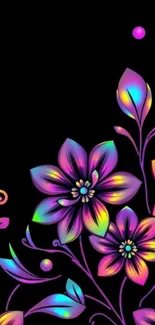 Vibrant floral neon pattern on black background.