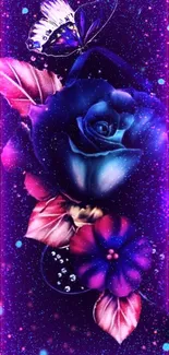 Neon floral wallpaper with blue roses and butterflies.