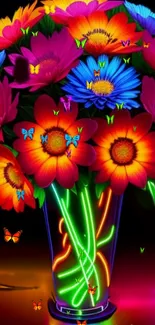 Vibrant neon flowers and butterflies in a glowing vase on black background.