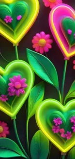 Mobile wallpaper with neon hearts and flowers in vibrant colors.
