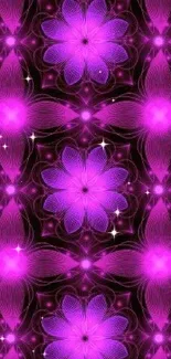 Vibrant neon floral wallpaper with purple petals.