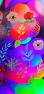 Colorful neon floral wallpaper with abstract leaves.