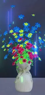 Neon floral bouquet with glowing effects in a vase.