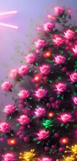 Vibrant neon pink floral wallpaper with glowing lights.