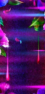 Vibrant neon floral wallpaper with dripping paint and bright colors.