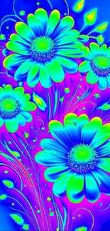 Vibrant neon floral wallpaper with glowing daisies.