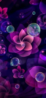 Neon floral wallpaper with purple hues and bubbles on a dark background.