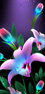 Mobile wallpaper with glowing purple lilies in a serene night setting.