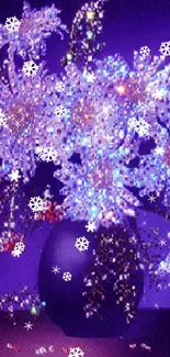 Vibrant violet floral wallpaper with snowflakes over a dark background.