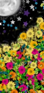 Colorful floral night wallpaper with stars and moon.