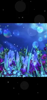 Vibrant floral wallpaper with purple and blue flowers.