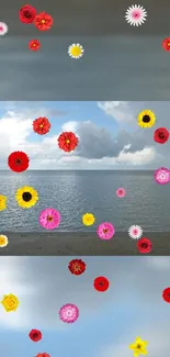 Colorful flowers floating over a calm ocean background in a serene mobile wallpaper.