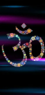 Colorful floral Om symbol on black background wallpaper.