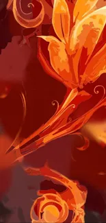 Orange floral artistic wallpaper with vibrant dark red background.